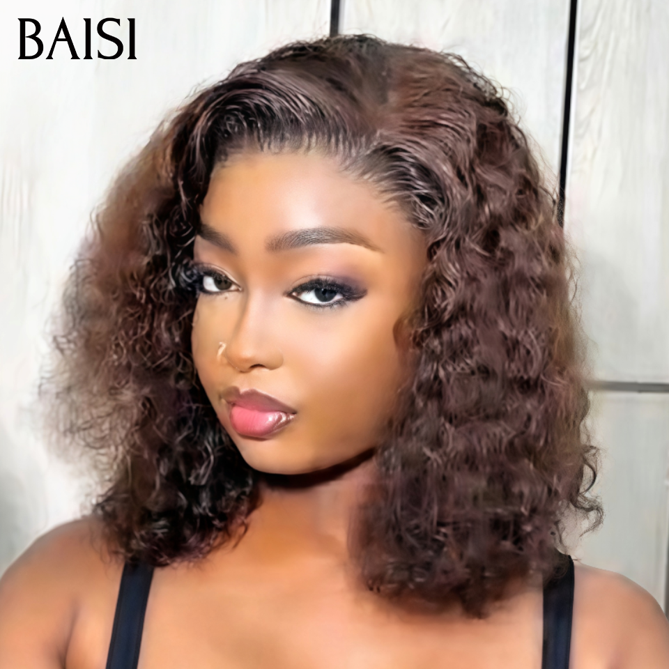 BAISI 4x4 Lace Closure Perruque BOB Water wave 12 pouces et 14pouces 250% Densité  Couleur Marron 4# Prix Abordable en 100% Cheveux Humains