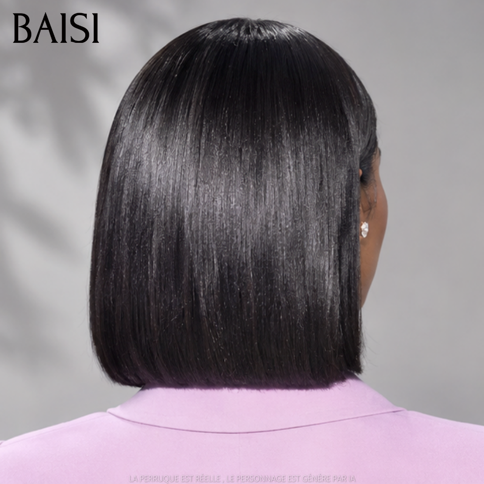 BAISI  Perruque Carrée 13X4  Lisse NOIR BOB Pré-plucked Pas Besoin de Colle en 100% Raw Hair Lace déjà couper