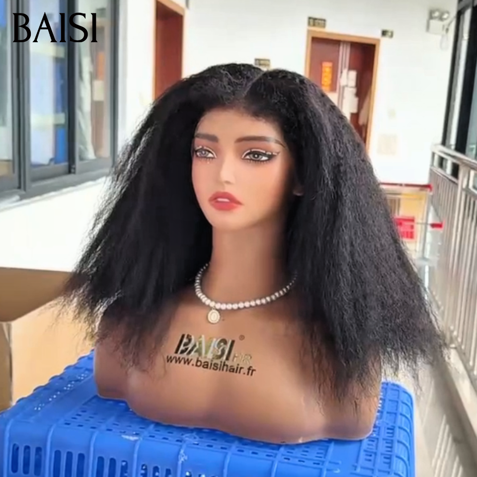 BAISI 13x4 Lace Perruque Bob 4C Hairline Sans Colle Kinky Straight Cheveux Crépus Taille 8-14Pouces Couleur Noir 1B# Prête A Porter Résultat Ultra Naturel en 100% Cheveux humains