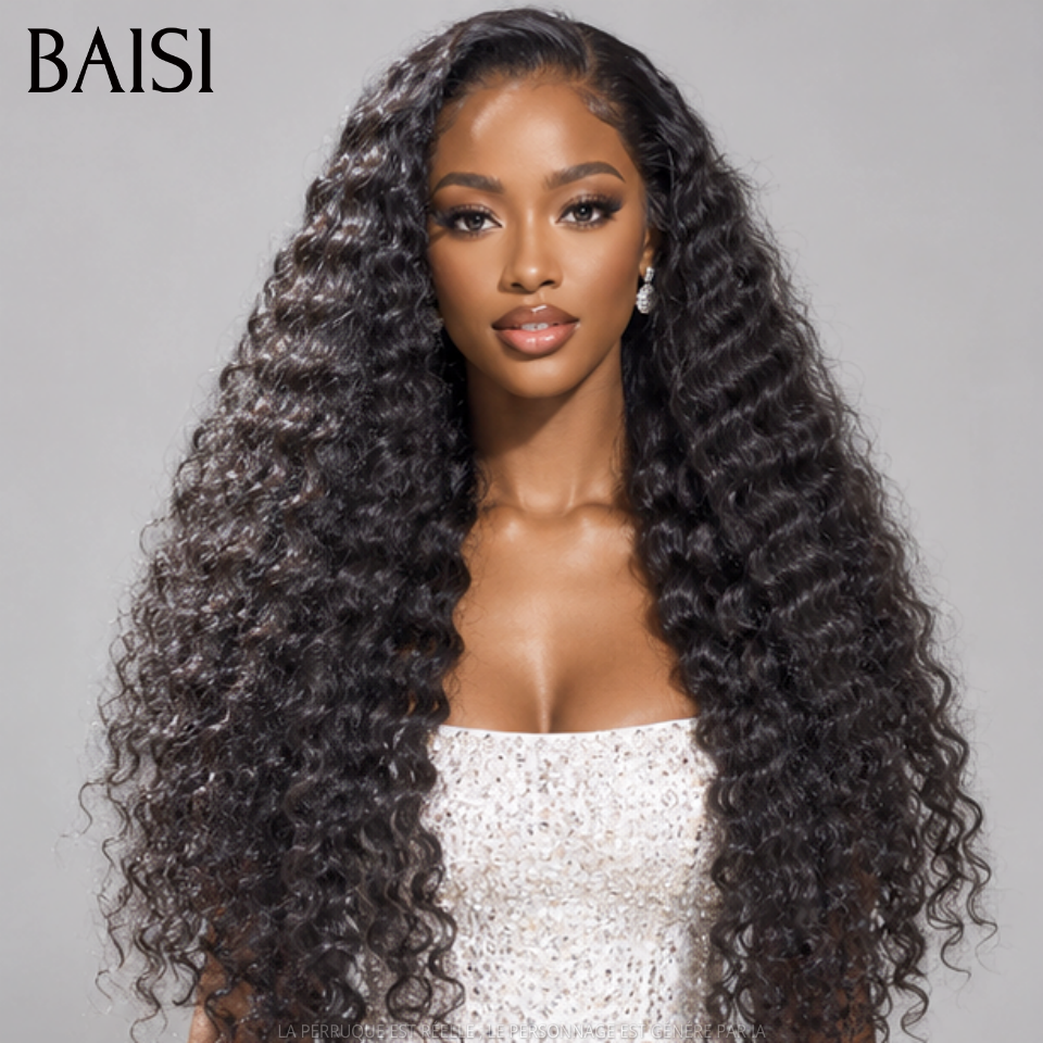 BAISI 13x6 Frontal Perruque Deep Wave Pré-plucked Pas Besoin de Colle en 100% Raw Hair Lace déjà couper