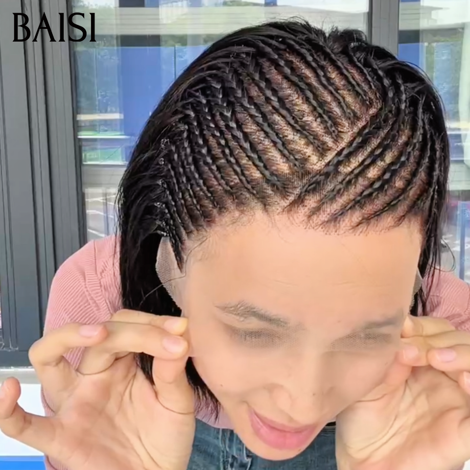 BAISI 13x6 Lace Perruque Coiffée Bob Lisse Avec Nattes Diagonales Deja Prête A Porter Simple et Naturelle Couleur Noir 1B# en 100% Cheveux humains