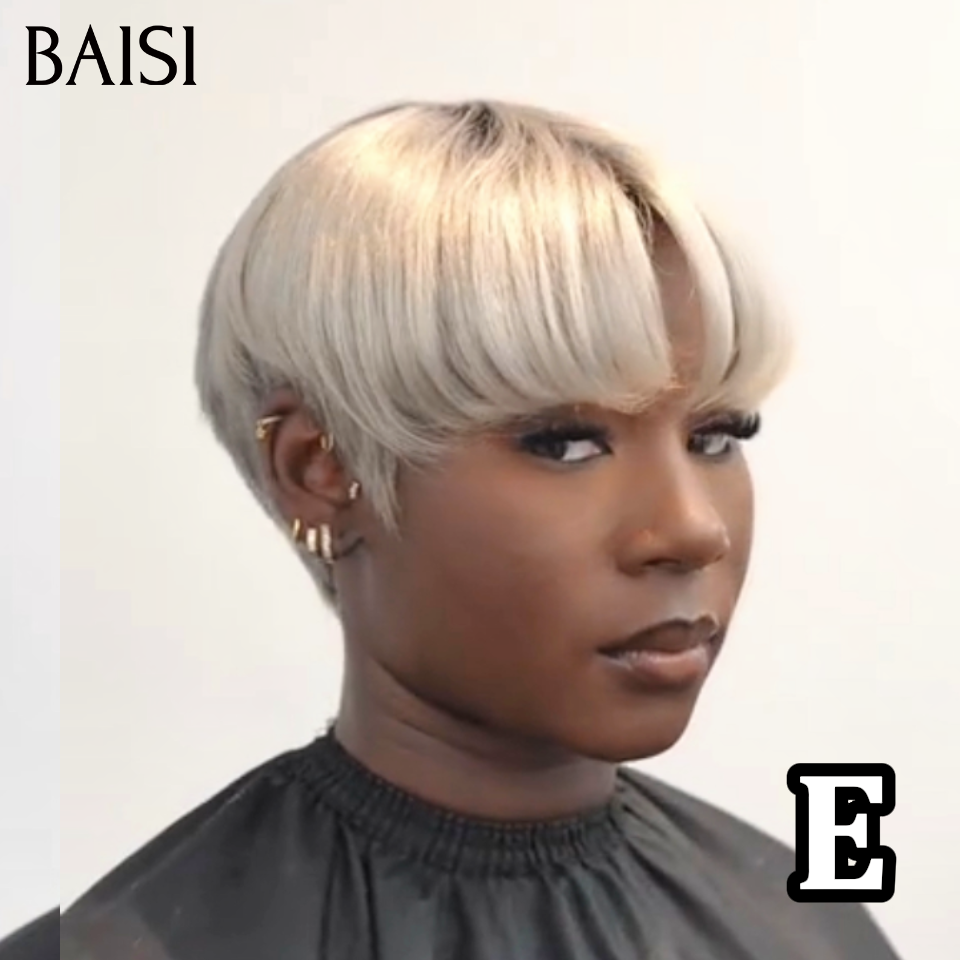 BAISI 13x4 Lace Perruque Coiffée Pixie Courte Deja Prête A Porter 109€ Couleur Blanc Crème 1B#60 Racine Noir Look Original en 100% cheveux humains