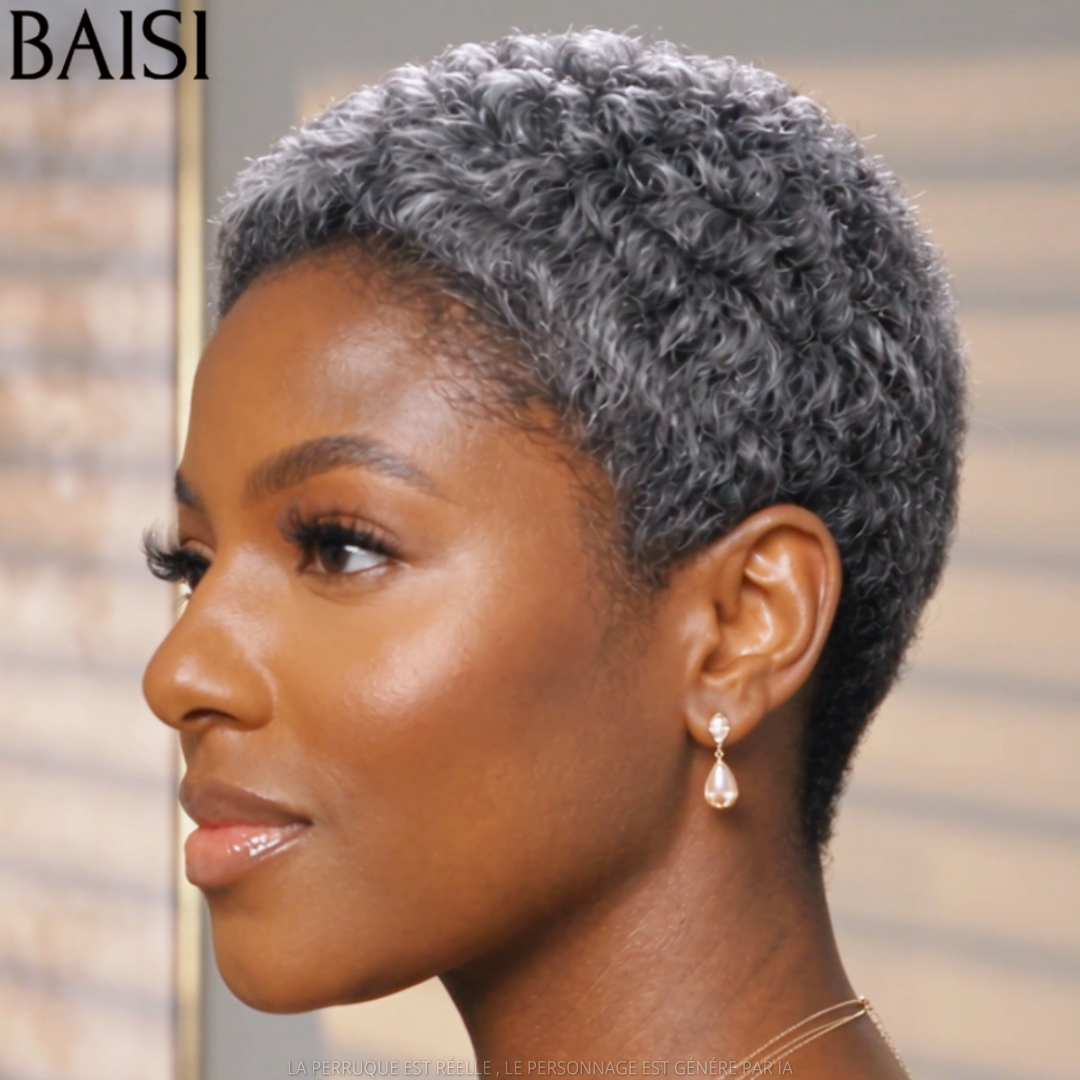 BAISI Perruque Pixie Frisée Afro Courte Gris Collection Poivre et Sel 78€ Sans Colle Sans Lace Excellente Cadeaux de Grand Mère en 100% Cheveux humains