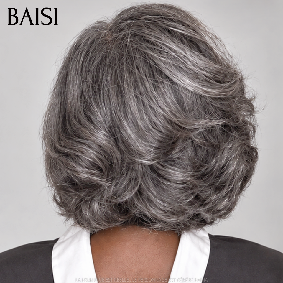 BAISI Collection Poivre et Sel 13X4 Perruque 95€ Bob bouclee Lisse noir mixte gris Pré-plucked Pas Besoin de Colle en 100% Raw Hair Lace déjà couper