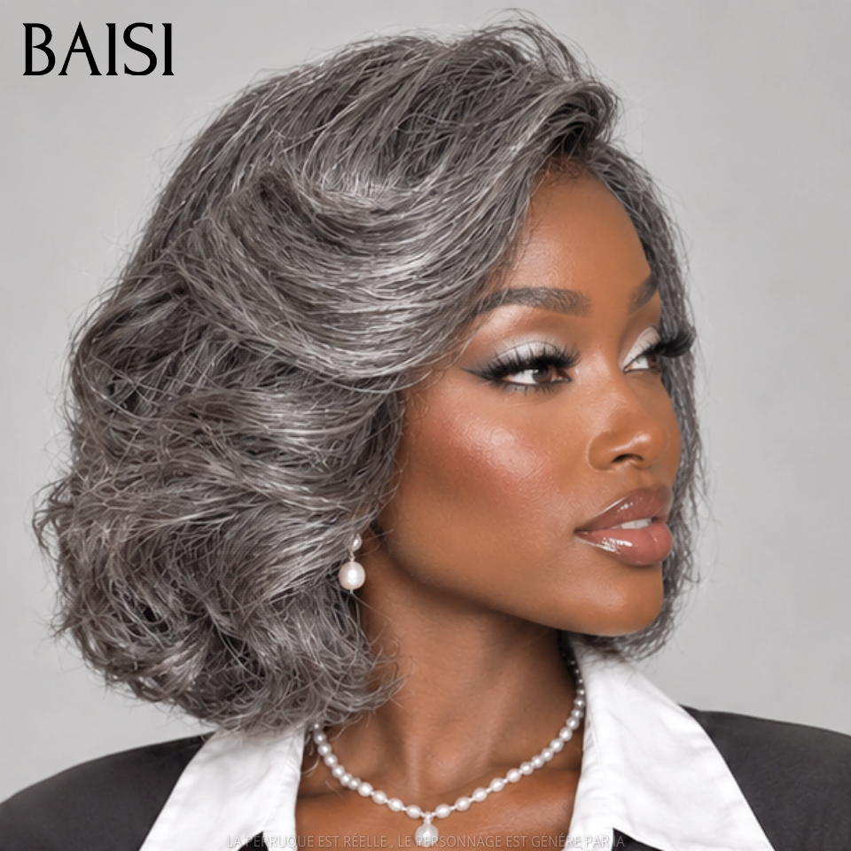 BAISI Collection Poivre et Sel 13X4 Perruque 95€ Bob bouclee Lisse noir mixte gris Pré-plucked Pas Besoin de Colle en 100% Raw Hair Lace déjà couper