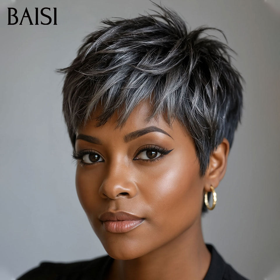 BAISI Perruque Pixie Lisse Coupe Effilée Gris style contemporain sans colle Sans Lace en 100% Cheveux Humains BS30