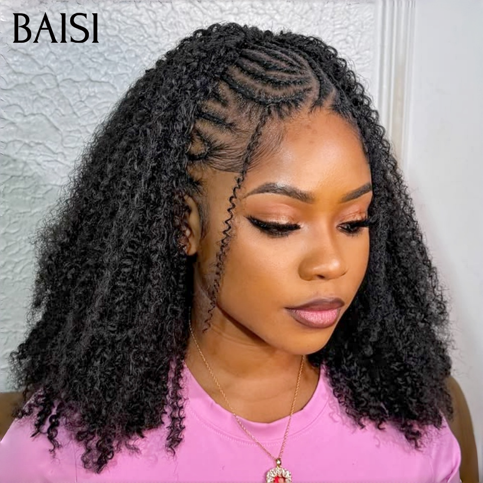 BAISI 13x4 lace Perruque Coiffée Kinky Curly Noir 1B# Devanture Tressée 100% Identique Deja Prête A Porter Solde Moitié Prix  en 100% Cheveux Humains MP50