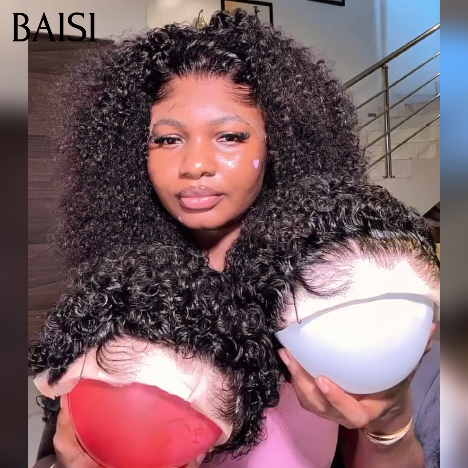 BAISI 13x4 Lace Perruque Kinky Curly Pixie Courte 6pouces ou Longue 20pouces Couleur Noir 1B#  en 100% vrais cheveux humains
