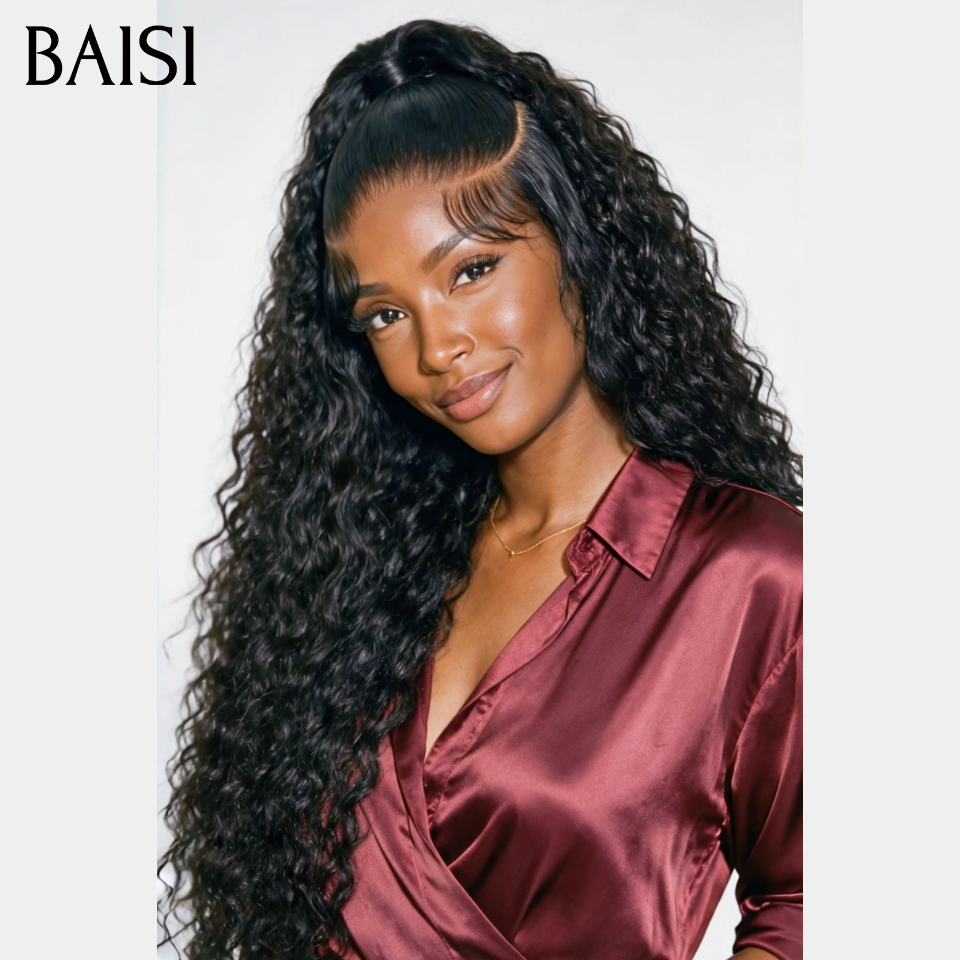 BAISI 13x4 Lace Perruque Coiffée Curly Wave Bouclée Noir 24Pouces 199€ Deja Prête à Porter Pratique et Rapide  en 100% Cheveux Humains