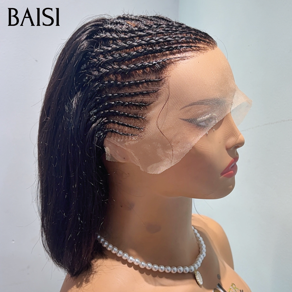 BAISI 13x6 Lace Perruque Coiffée Bob Lisse Avec Nattes Diagonales Deja Prête A Porter Simple et Naturelle Couleur Noir 1B# en 100% Cheveux humains