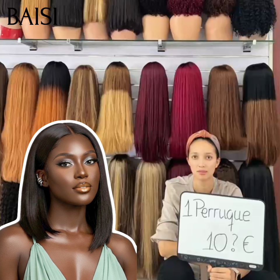 BAISI 4x4 Lace Closure Perruque Bob Curly Wave Avec Frange ou 2x6 Lace Perruque Bob Lisse 100% Vietnam Hair Top Qualité Pratique Pour le Travail 12Pouces Couleur Noir 1B# 14Pouces en 100% Cheveux humains