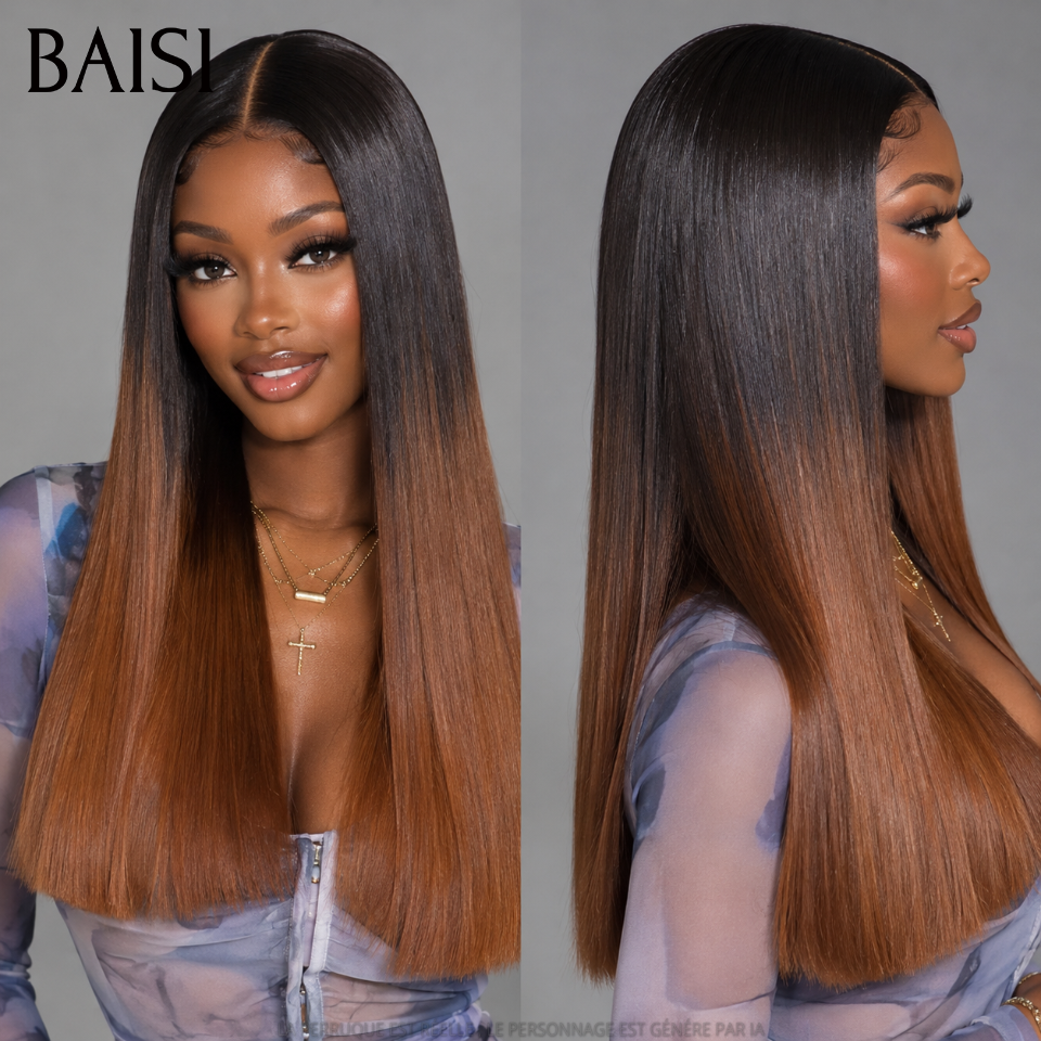 BAISI 2X6 perruque SDD BONE Straight Lisse Bob Haute Qualité en couleur Marron avec racine noir 1BT4# 250% Densité 100% Vietnam Hair