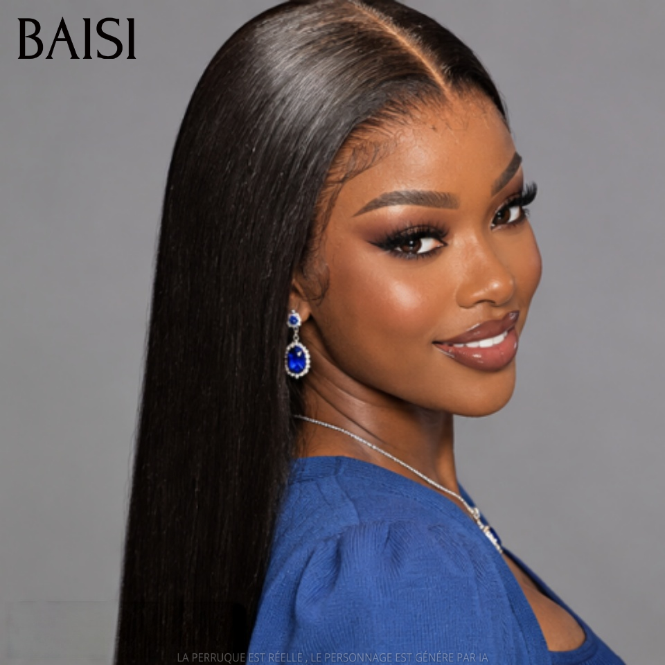 BAISI 4*4 HD Closure Perruque Lisse Couleur Noir Lace Invisible Effet Très Naturel Perruque de Luxe Facile A Porter En 100% Cheveux Humains