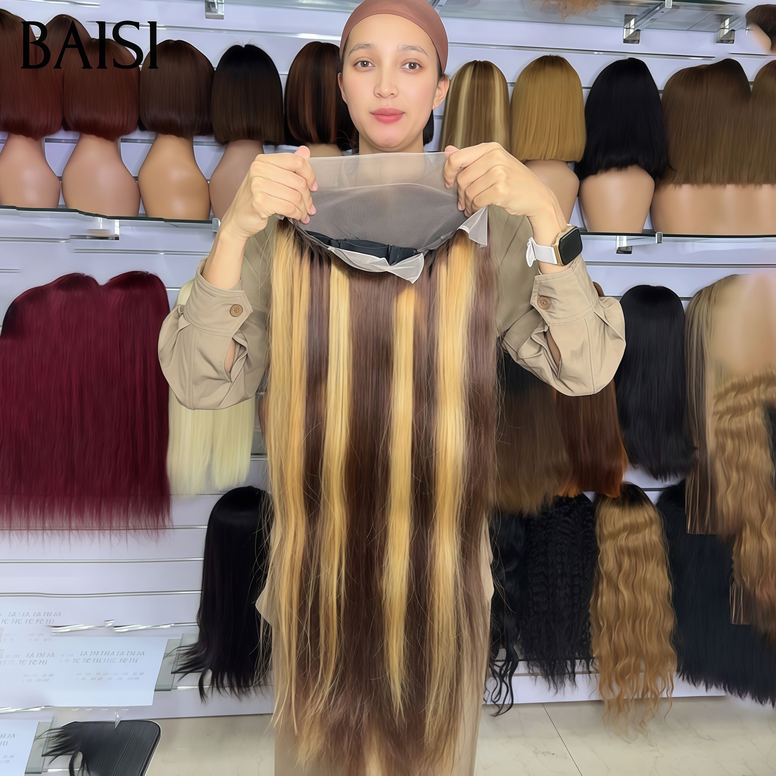 BAISI 13x4 Lace Perruque Longue Lisse Couleur 4/27# Mixte Miel   200% de Densité En 100% Cheveux Humains Pas Chèr FR38