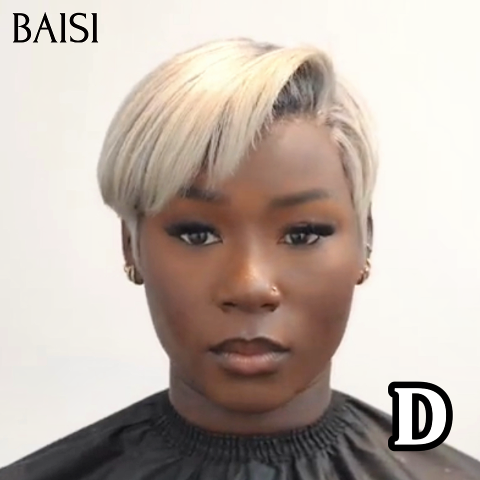 BAISI 13x4 Lace Perruque Coiffée Pixie Courte Deja Prête A Porter 109€ Couleur Blanc Crème 1B#60 Racine Noir Look Original en 100% cheveux humains