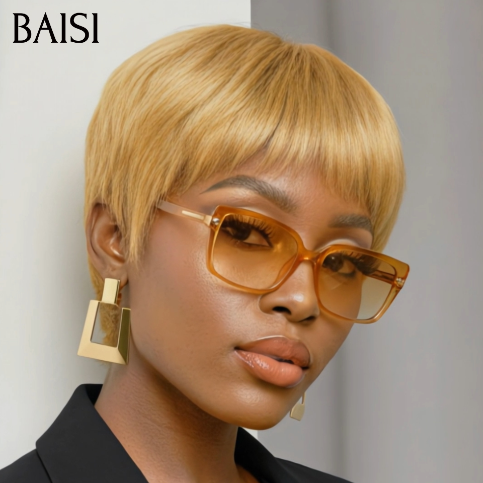 BAISI Perruque Pixie Lisse Courte 45€ Couleur Marron Doré 33#  Sans Colle Sans Lace Facile A Porter en 100% Cheveux humains