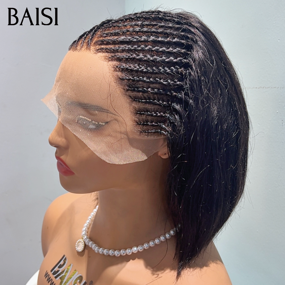 BAISI 13x6 Lace Perruque Coiffée Bob Lisse Avec Nattes Diagonales Deja Prête A Porter Simple et Naturelle Couleur Noir 1B# en 100% Cheveux humains
