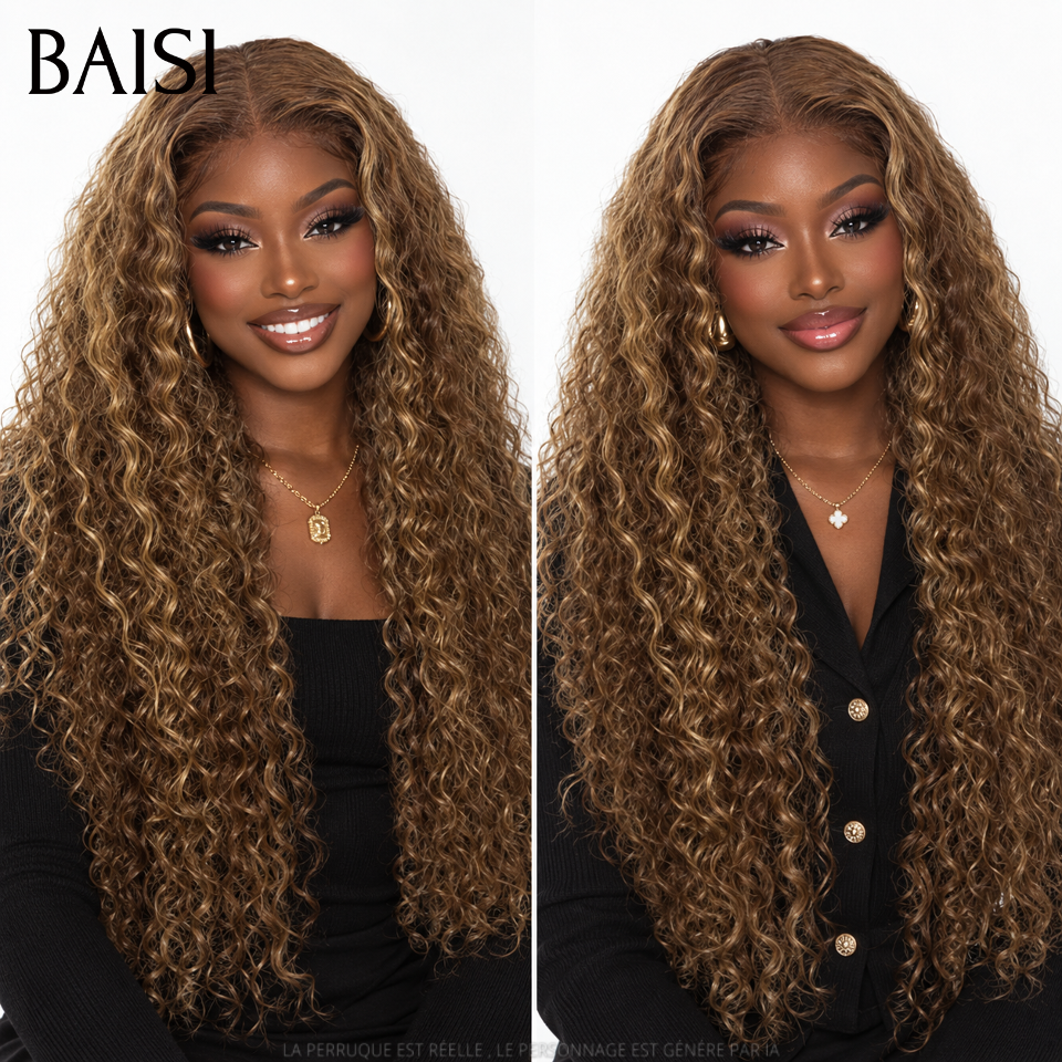 BAISI 13x4 Lace Frontale Lace Perruque Bouclé Deep wave En Couleur Marron Mixte Miel #4#27 en 100% Cheveux Humains