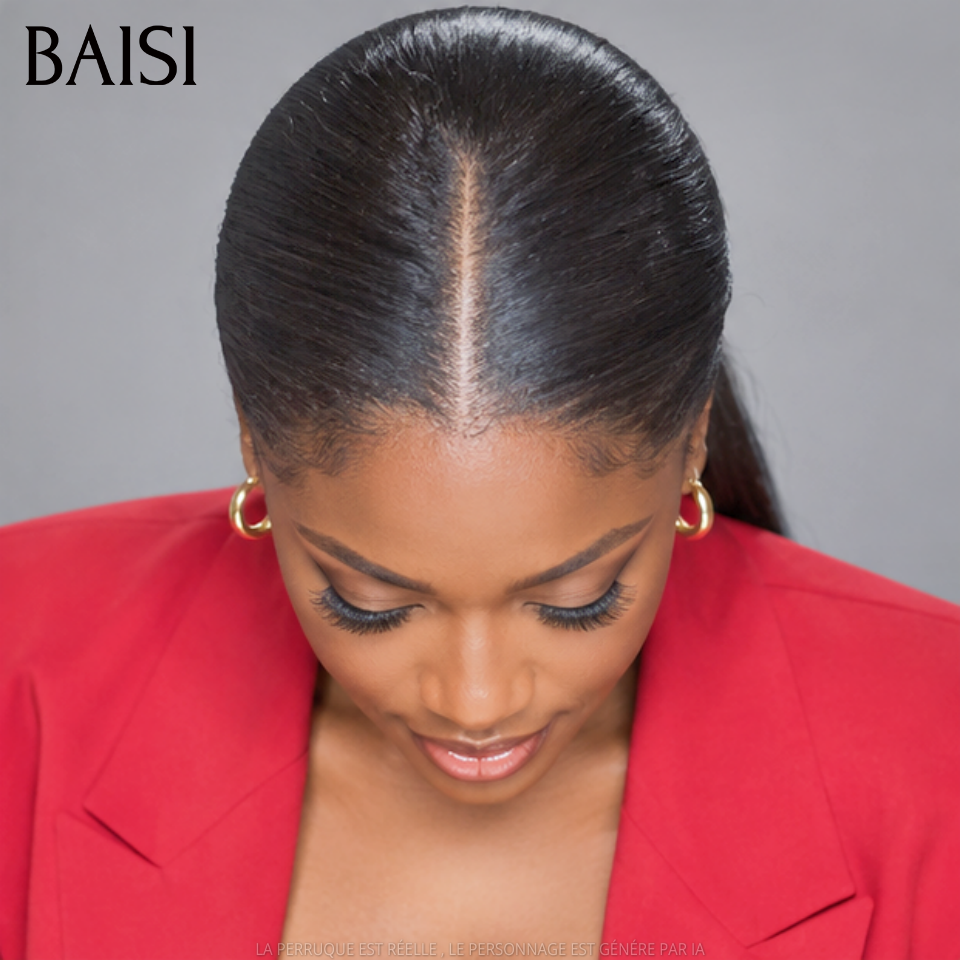 BAISI 13x4 Lace Perruque Coiffée Lisse  A Partir de 118€ Seulement Couleur Noir 1B# Pratique Pour le Travail en 100% Cheveux humains