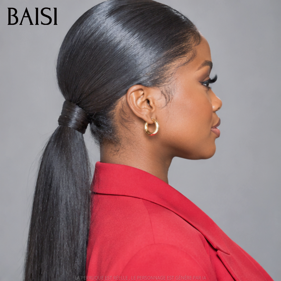 BAISI 13x4 Lace Perruque Coiffée Lisse  A Partir de 118€ Seulement Couleur Noir 1B# Pratique Pour le Travail en 100% Cheveux humains