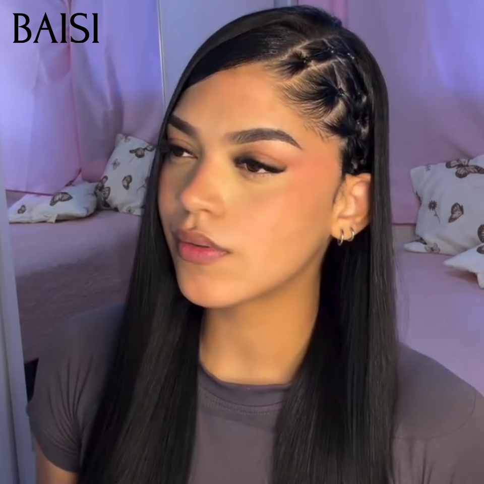 BAISI 13x6 HD Lace Perruque Déjà Coiffée Lisse Noir 20Pouces 179€ Nattes Décoratives de Côté Lace Invisible HD Trop Luxe en 100% Cheveux humains