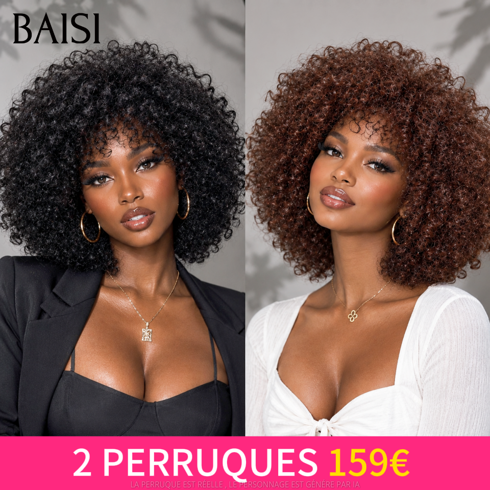 BAISI 2 Perruques 159€ promotion sans lace water wave avec Frange Bouclée Frisée 12 Pouces Volume de 250% Marron et NOIR en 100% Cheveux Humains