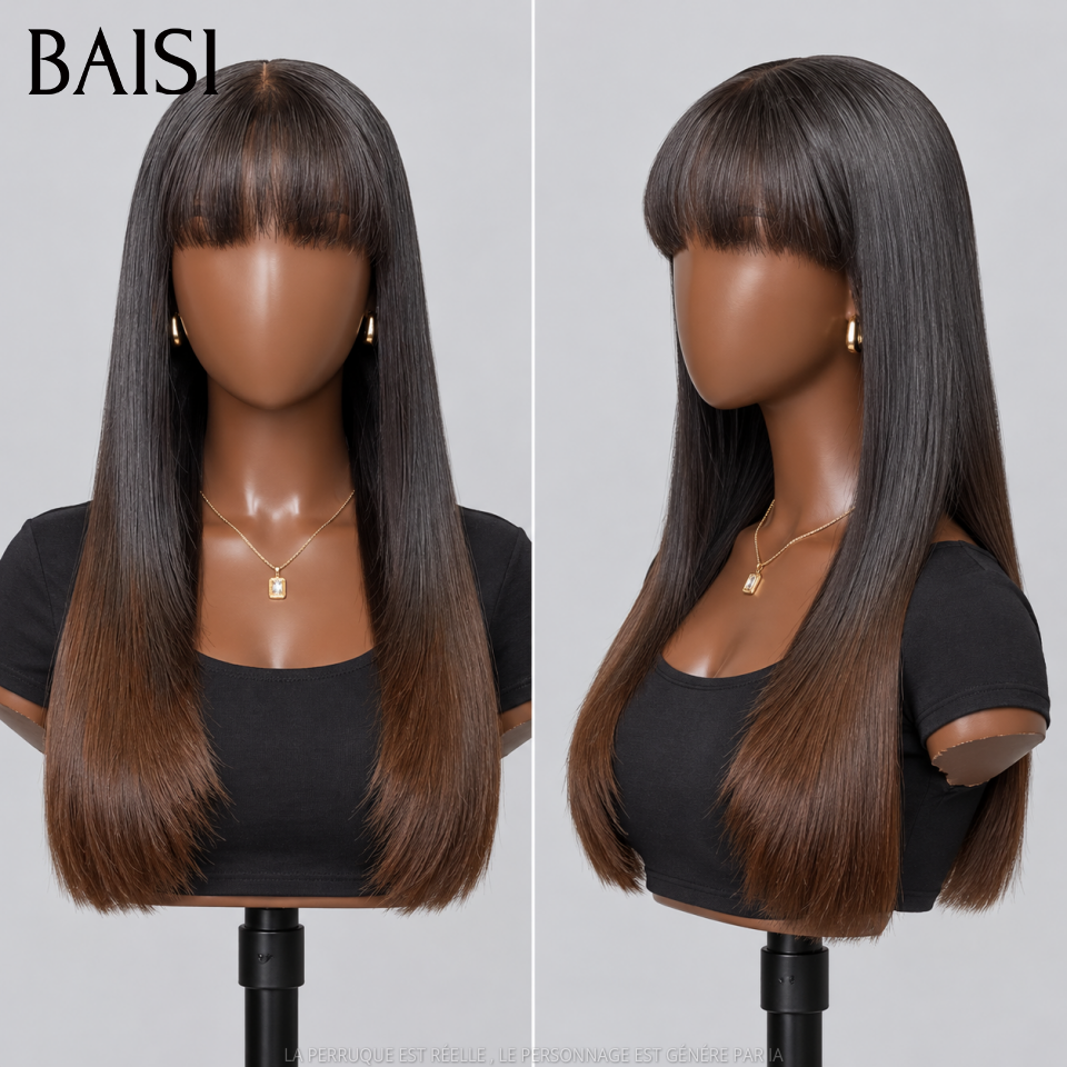 BAISI Perruques de Luxe Lisse Bob en Couleurs 1BT4# avec Frange Fabriquées par les cheveux double drawn 100% Cheveux Humains