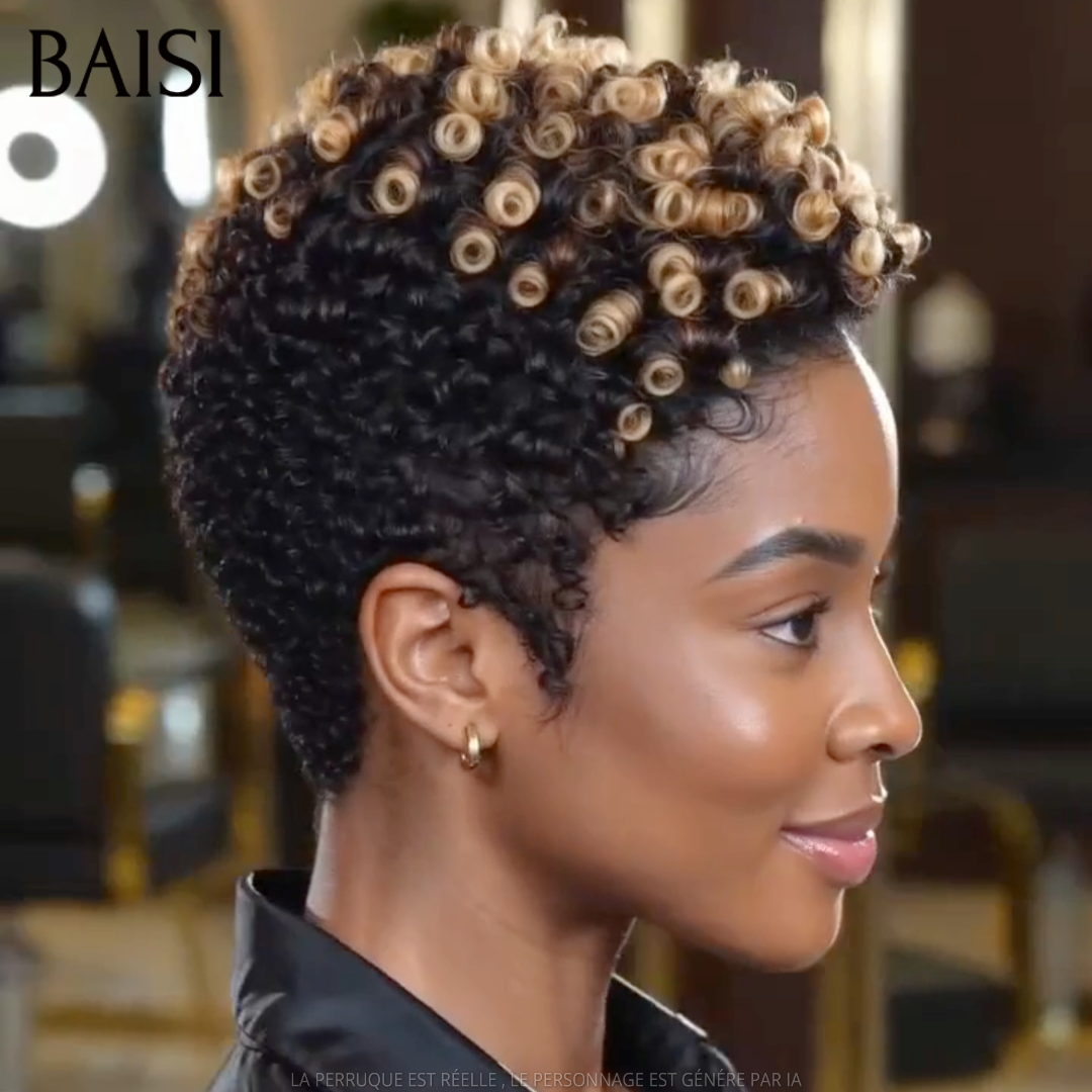 BAISI 13x4 lace Perruque Pixie Curly 79€ en couleur Noir Miel 1B/27# Styler Avec Raie en 100% Cheveux Humains