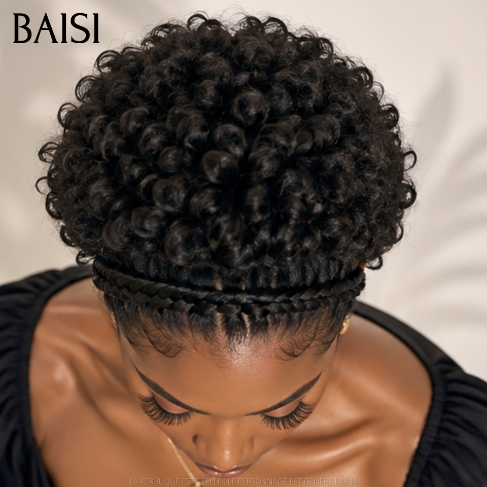 BAISI Arrivage Promo 64€ Facile à porter 13x4 lace frontal curly wave pixie avec coiffure tressée natte en 100% Cheveux Humains