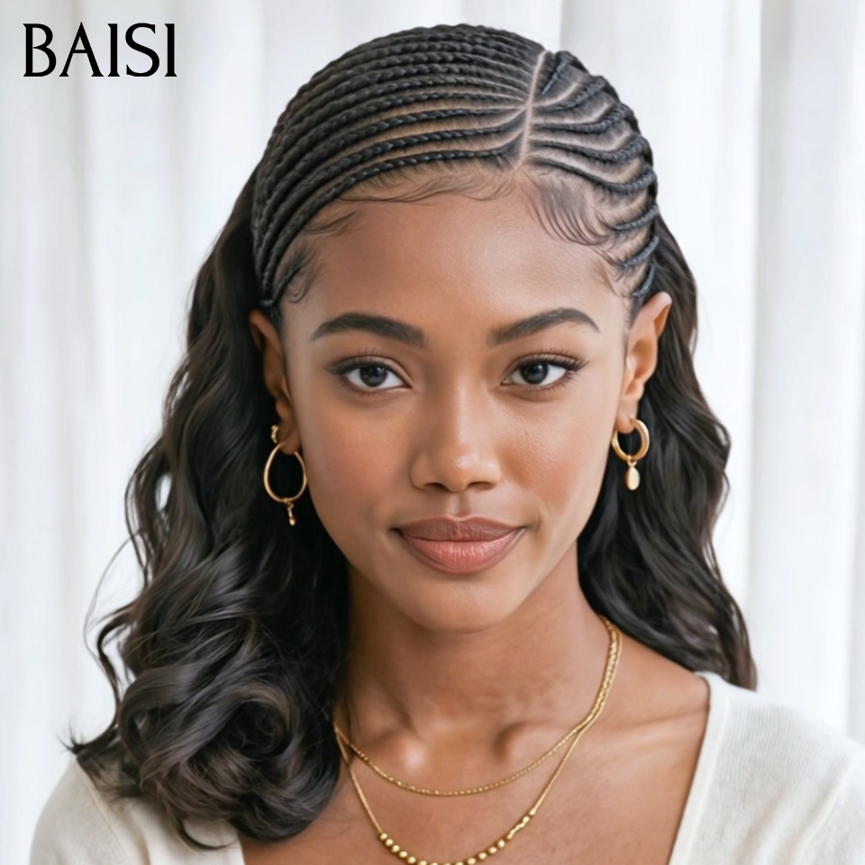 BAISI 13x6 Lace Perruque Coiffée Ondulée Body Wave 12Pouces 129€ Couleur Noir 1B# Devanture Petites Nattes bien Aérés en 100% Cheveux humains