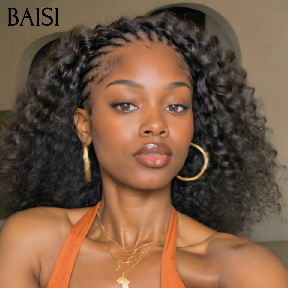 BAISI 13x4 lace Perruque Coiffée Curly Wave Bouclée Noir 1B# 10Pouces 86€ ou 14Pouces 136€ Seulement Avec Petites Nattes au devant Prêt à Porter en 100% Cheveux Humains (Copy)