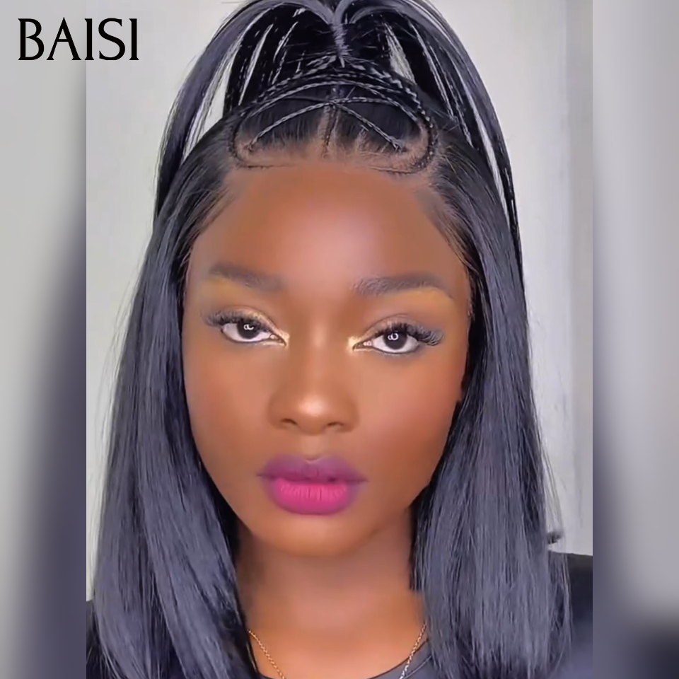 BAISI 13x4 lace Perruque Bob Lisse Déjà Coiffée 12Pouces 125€ Couleur Noir 1B# Devanture Avec Petites Nattes Look Incroyablement Original en 100% Cheveux Humains
