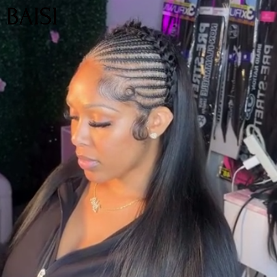 BAISI 13x6 Lace Perruque Coiffée Lisse 22Pouces 218€ Couleur Noir 1B# Devanture Petites Nattes Rampantes Cheveux Serre Tête en 100% Cheveux humains