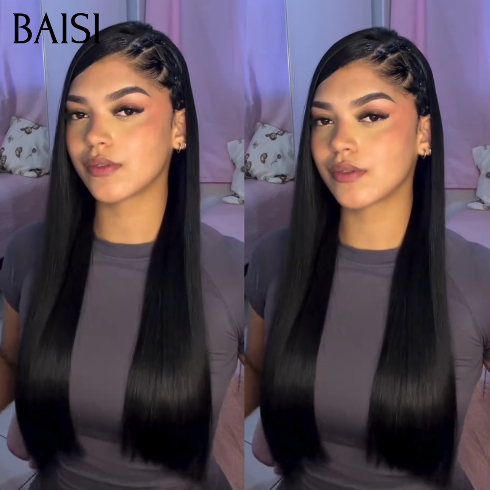 BAISI 13x6 HD Lace Perruque Déjà Coiffée Lisse Noir 20Pouces 179€ Nattes Décoratives de Côté Lace Invisible HD Trop Luxe en 100% Cheveux humains