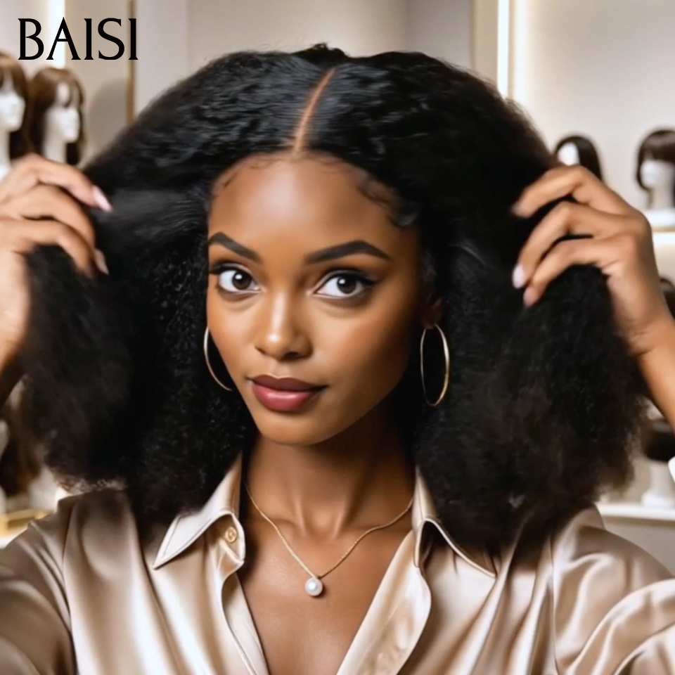 BAISI 4x4 Lace Perruque Kinky Afro Sans Colle 18Pouces 168€ Couleur Noir 1B# Pratique Facile A porter Volume Bien Pleine en 100% Cheveux humains