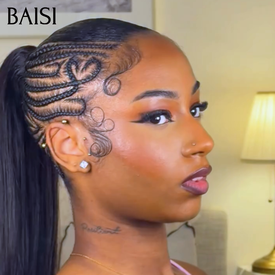 BAISI Full Lace Perruque Coiffée Lisse 20Pouces 180€ Couleur Noir 1B# Côtés Nattées Petites Fleurs Raffraîchissantes  en 100% Cheveux humains