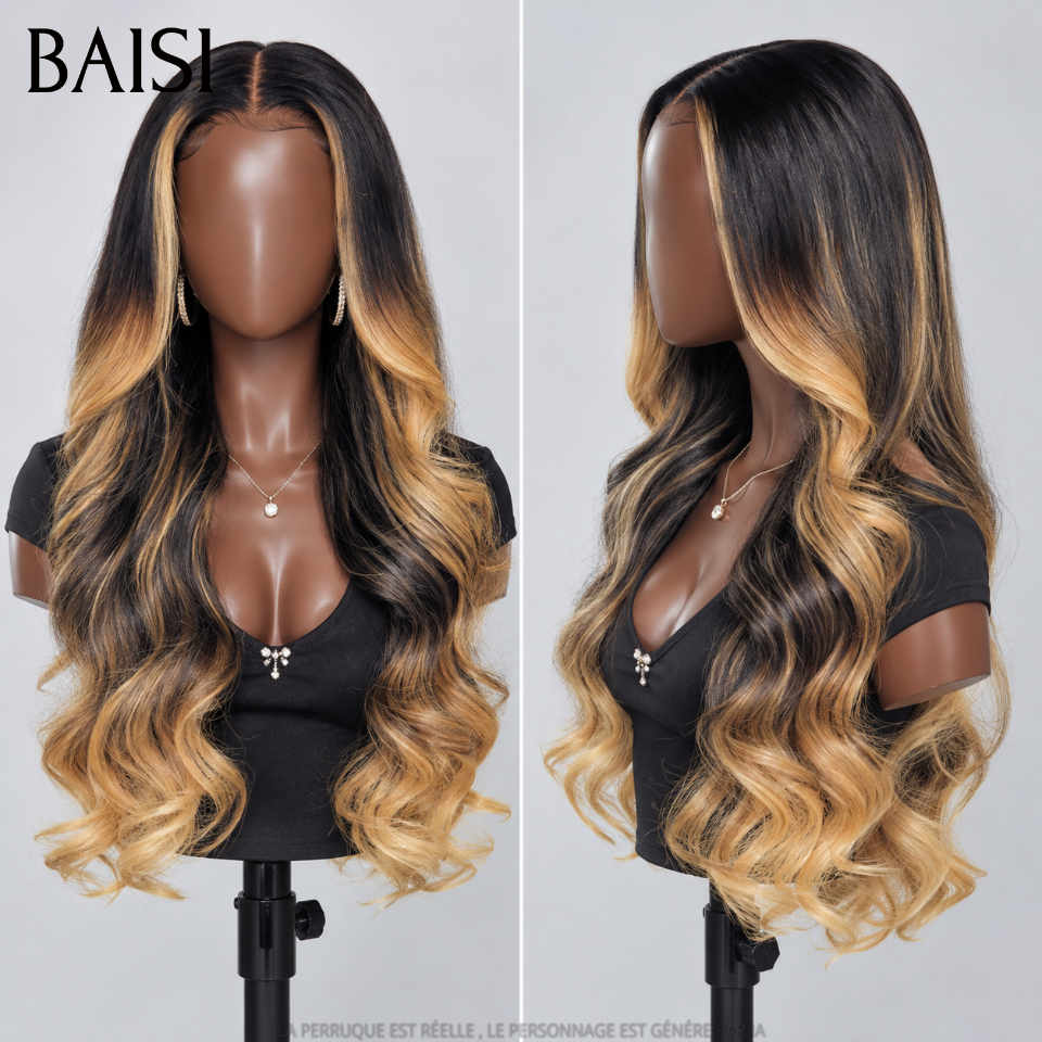 BAISI Pré-plucked lace invisible frontale 13x4 Perruque Body wave en couleur Noir mix Miel 1Bmix27# Pré-plucked Pas Besoin de Colle en 100% Raw Hair Lace déjà couper