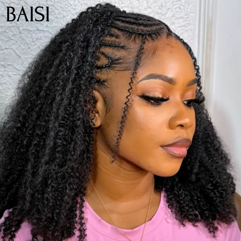 BAISI 13x4 lace Perruque Coiffée Kinky Curly Noir 1B# Devanture Tressée 100% Identique Deja Prête A Porter Solde Moitié Prix  en 100% Cheveux Humains MP50