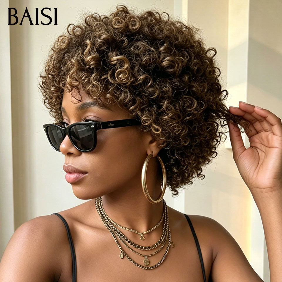 BAISI Perruque Pixie Curly Wave Couleur Marron Mixte 4/30# Sans Lace Sans Colle Facile à Porter Toute en Beauté  en 100% Cheveux humains