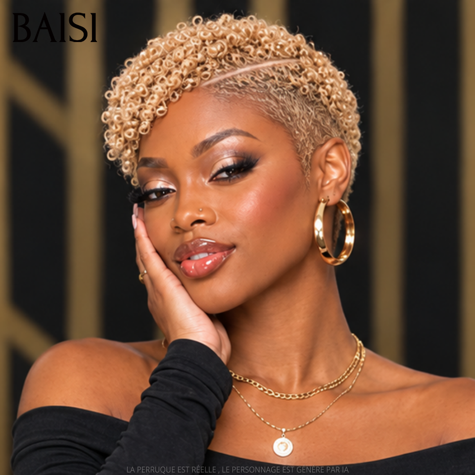 BAISI Full Lace Perruque Pixie Curly Courte Avec Raie de Côté 4 Couleurs Disponibles Coiffure Moderne Avec Dentelle Très Respirante en 100% Cheveux humains