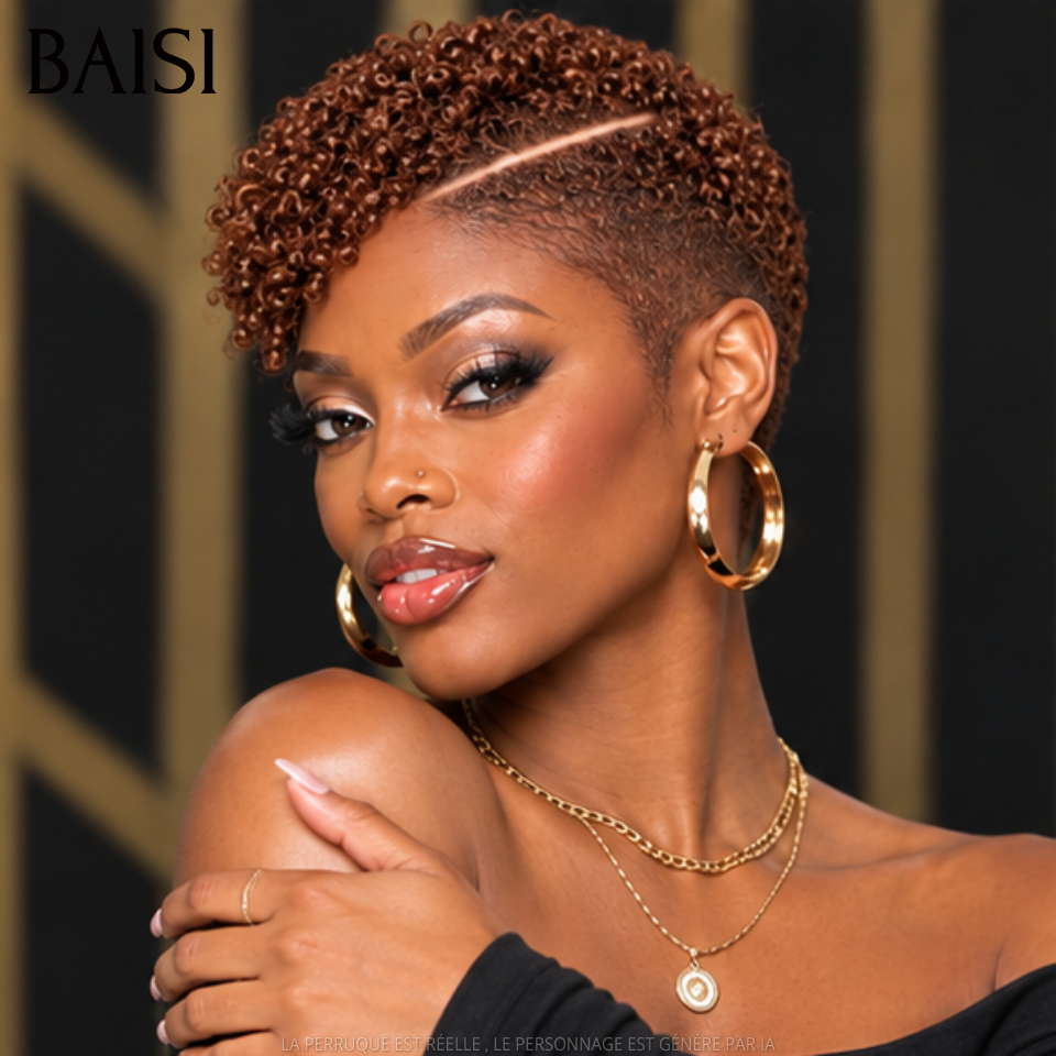 BAISI Full Lace Perruque Pixie Curly Courte Avec Raie de Côté 4 Couleurs Disponibles Coiffure Moderne Avec Dentelle Très Respirante en 100% Cheveux humains
