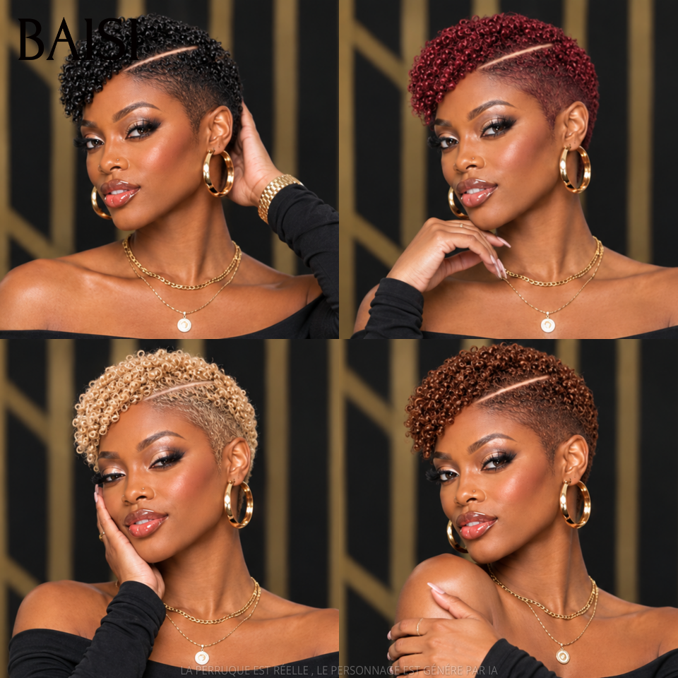 BAISI Full Lace Perruque Pixie Curly Courte Avec Raie de Côté 4 Couleurs Disponibles Coiffure Moderne Avec Dentelle Très Respirante en 100% Cheveux humains