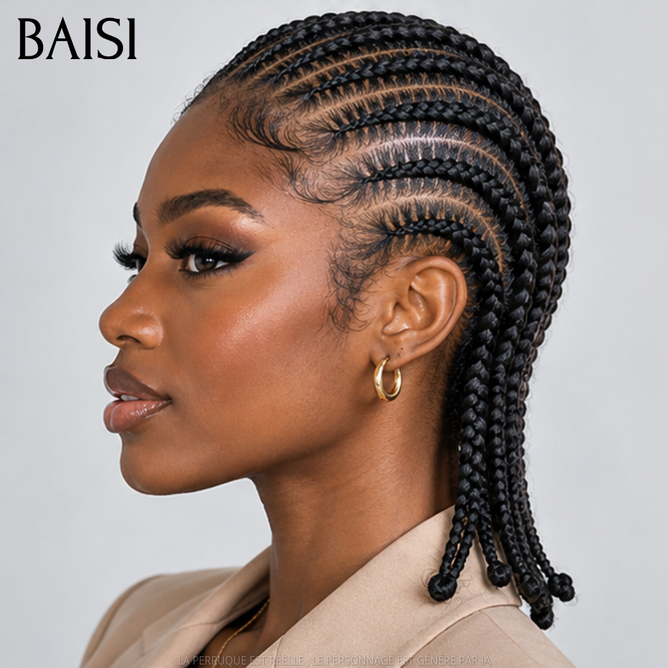 BAISI Perruque Coiffée Full Lace Bob En Nattes 138€ Ou Perruque Frontal Frisé 18Pouces 148€ Couleur Noir 1B# Pratique Au Quotidien en 100% Cheveux humains