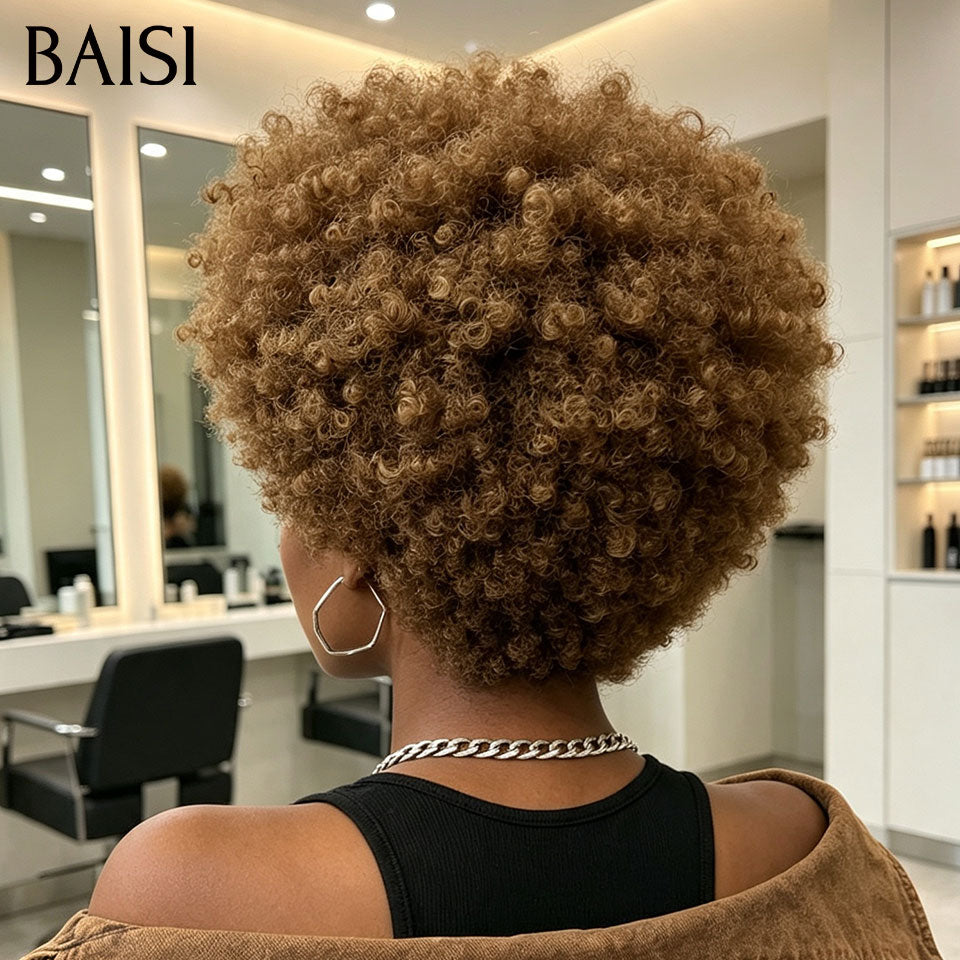 BAISI 13x4 Lace Perruque Pixie Afro Curly Couleur Mixte Miel 4/27# Super Elégante en 100% Cheveux humains