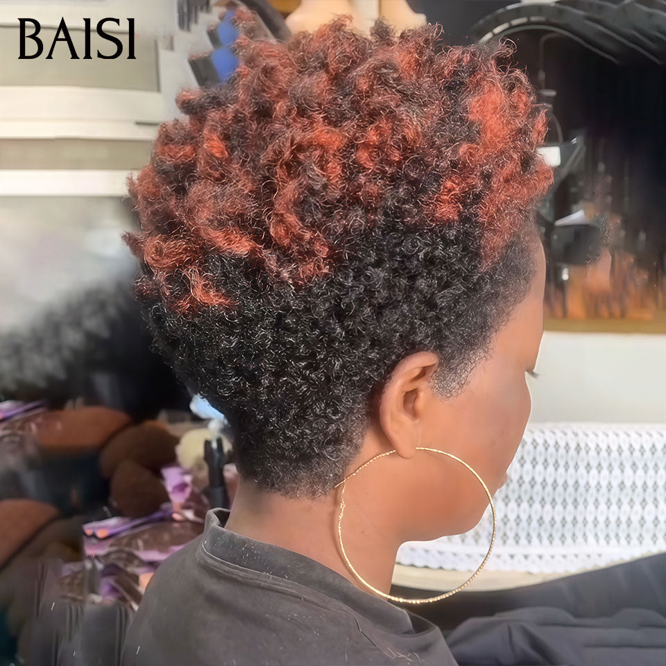 BAISI PIXIE Afro Curly Noir Marron 33# Sans Colle Sans Lace Facile A Porter 60€ Seulement  en 100% Cheveux Humains