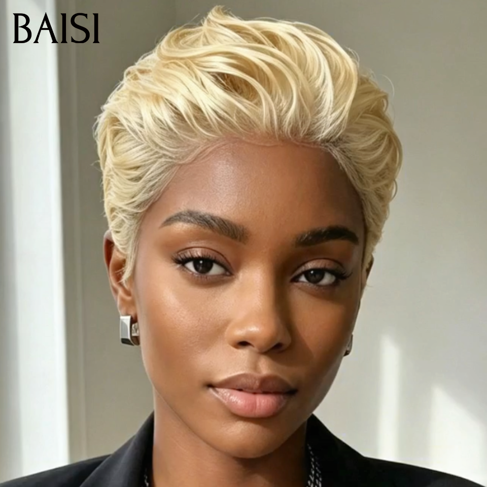 BAISI 13x4 Lace Perruque Coiffée Pixie Lisse Blonde 613# Coiffure Bien Dressée en 100% Cheveux humains
