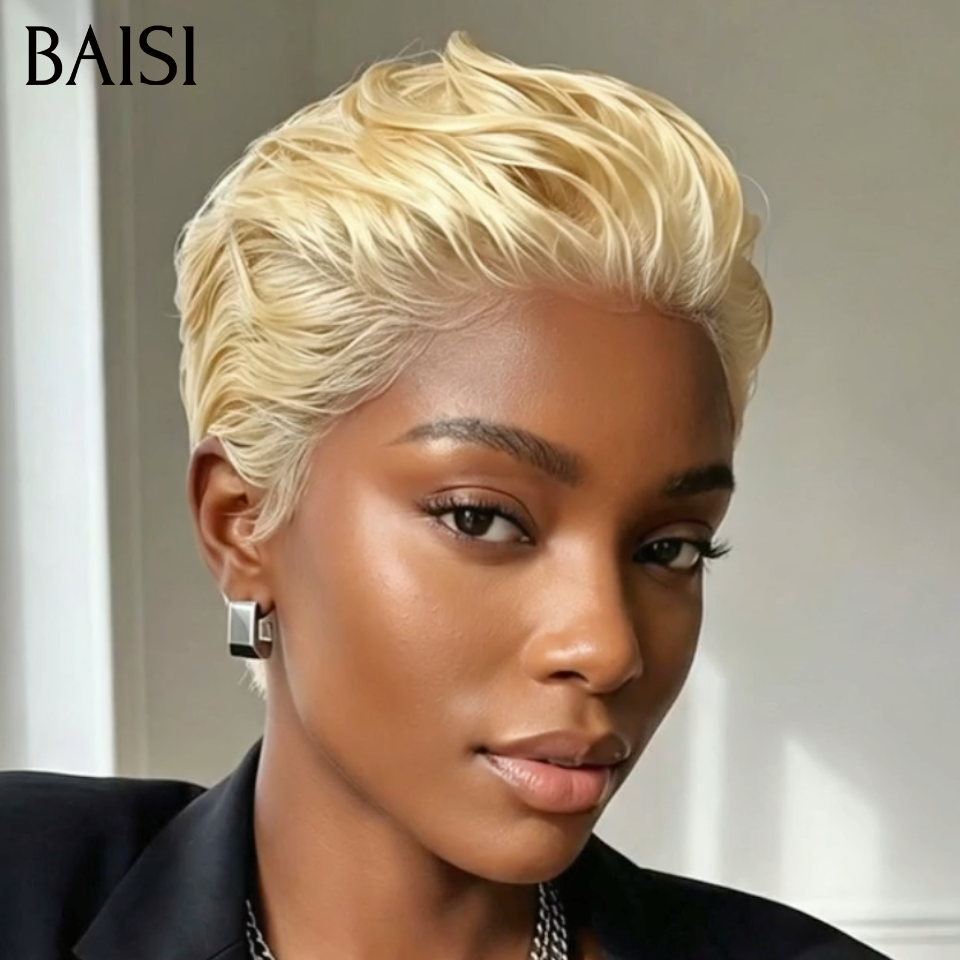 BAISI 13x4 Lace Perruque Coiffée Pixie Lisse Blonde 613# Coiffure Bien Dressée en 100% Cheveux humains