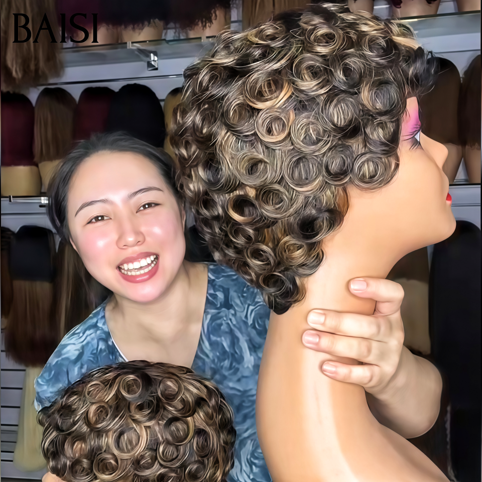 BAISI Perruque Pixie Boucle wave Noir Miel 1B/27# 49€ Sans Colle Sans Lace Ultra Pratique en 100% Cheveux humains