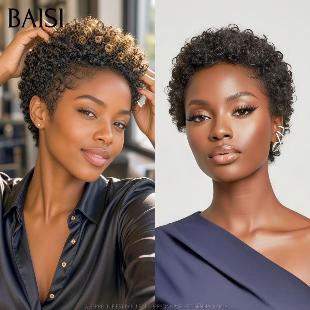 BAISI Lot de 2 Perruques Pixie Curly Noir et Miel Noir  79€ Sans Colle Sans Lace Simple et Confortable  en 100% Cheveux humains