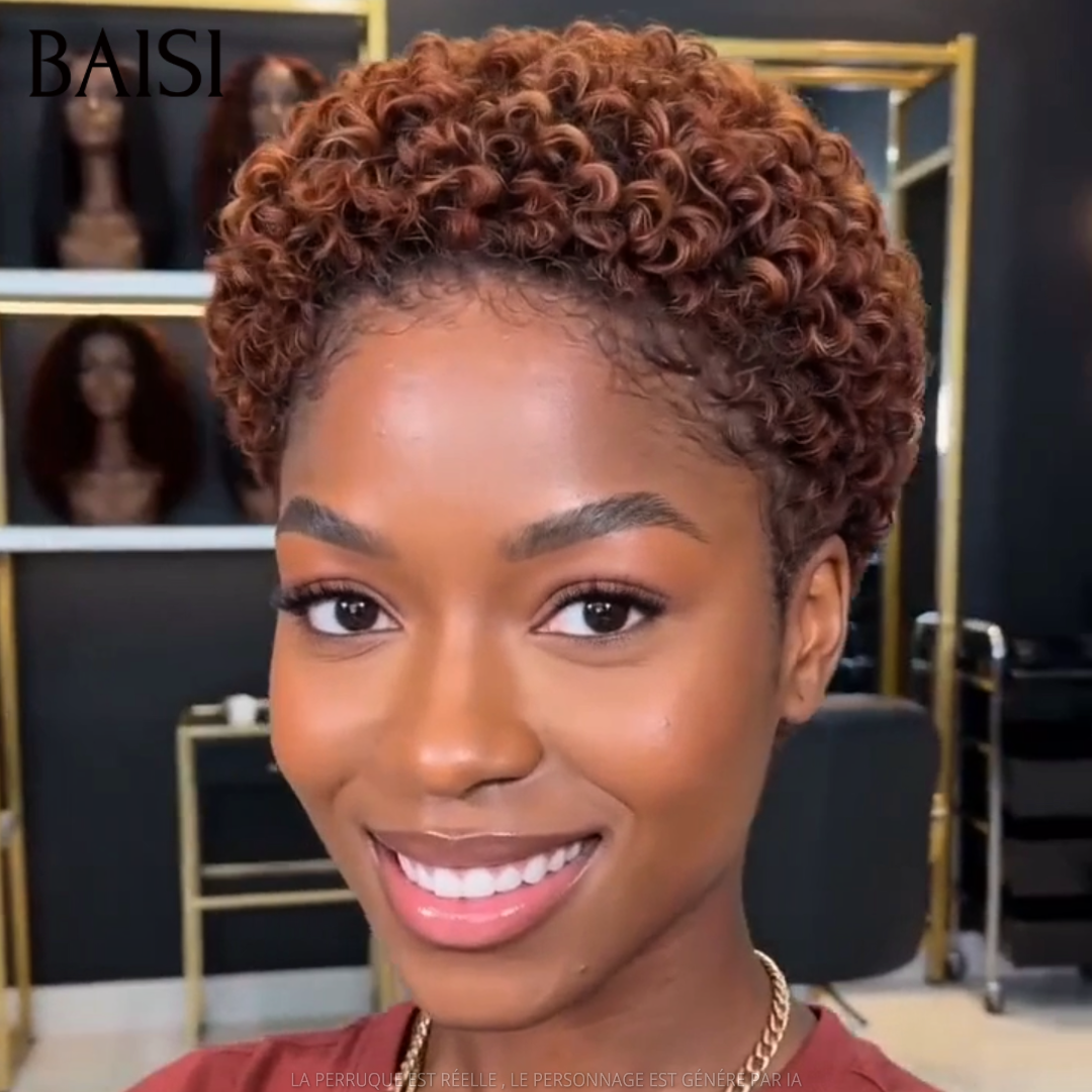BAISI Perruque Pixie Bouclée Marron Clair 30# 49€ Sans Colle Sans Lace Pour Débutantes en 100% Cheveux humains